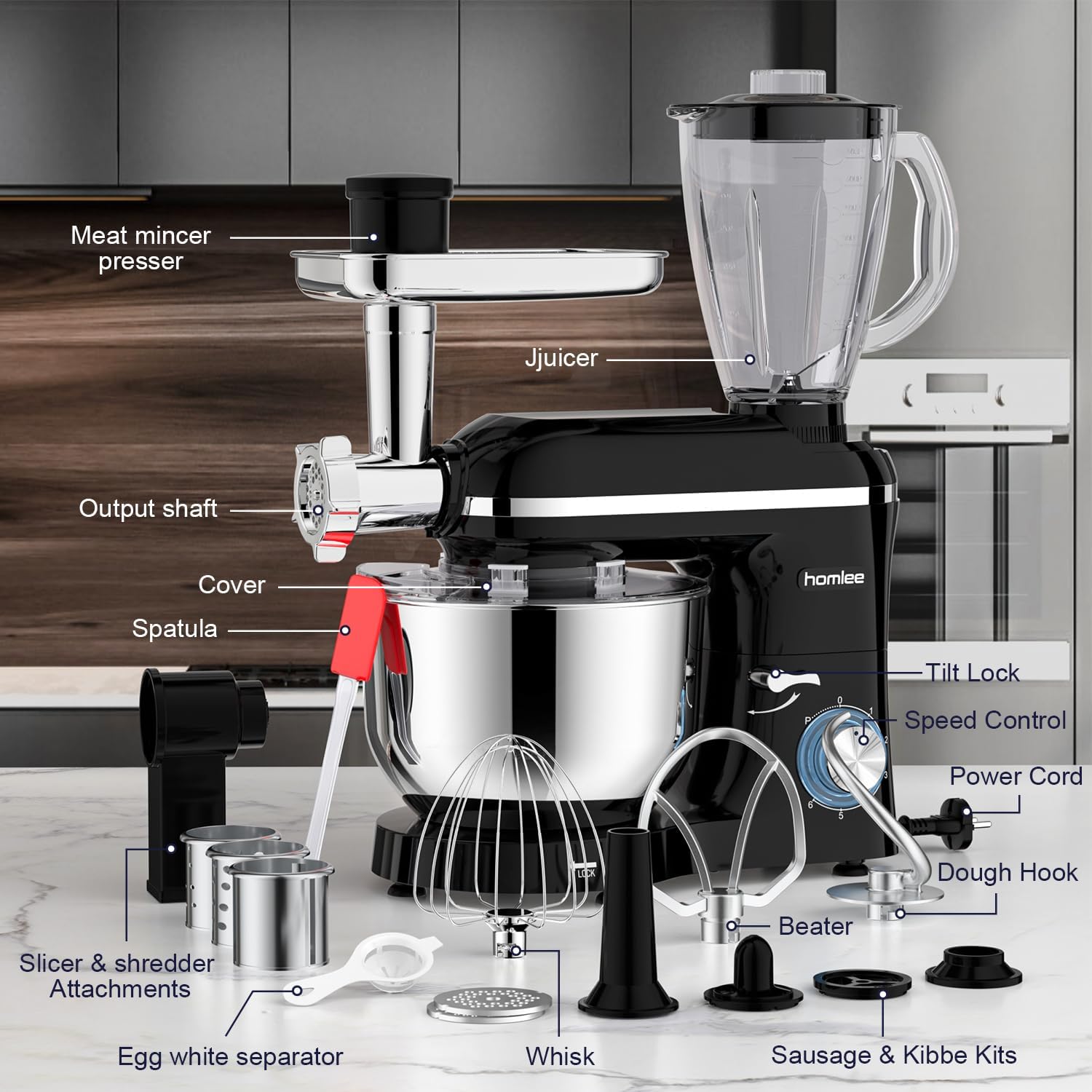 Universal Küchenmaschine 2000 W Multifunktionale Knetmaschine 6-stufige Geschwindigkeit Mixer mit Fleischwolf 1,5L Saftpresse 5,5L Edelstahlschüssel – Thumbnail 9