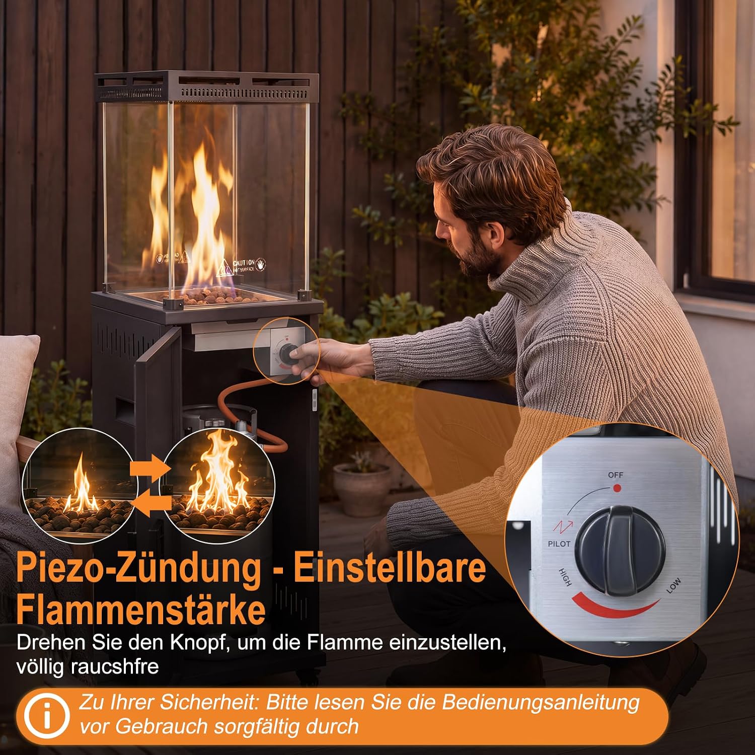 Gasheizstrahler Heizstrahler Terrasse offene Flamme Gas 13 kW Terrassenheizer attraktiver Blickfang 360° Lenkrollen Flammenbild – Thumbnail 6