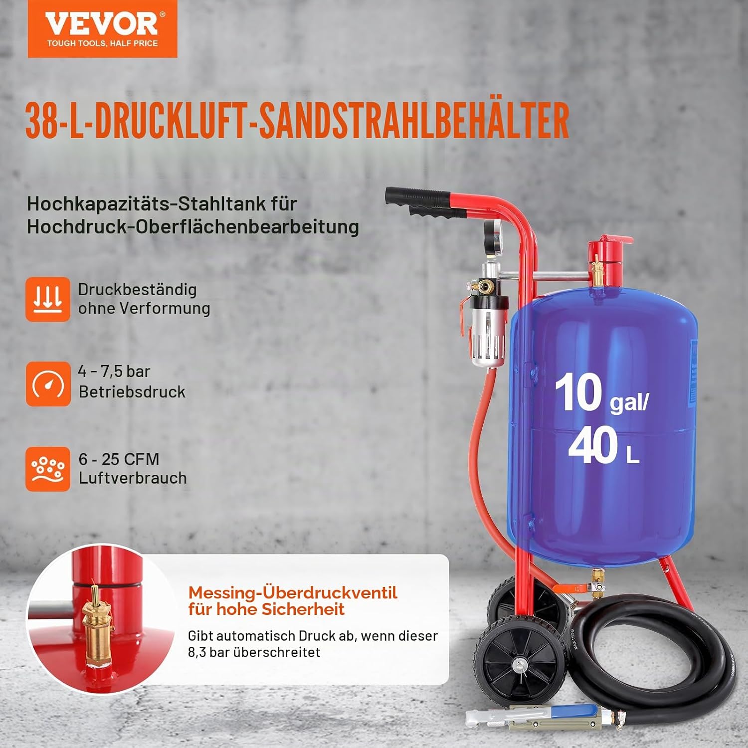Sandstrahlen 40 L Sandstrahlmaschine 60-125 PSI inkl. Luftkompressor mobiler Sandstrahler – 2