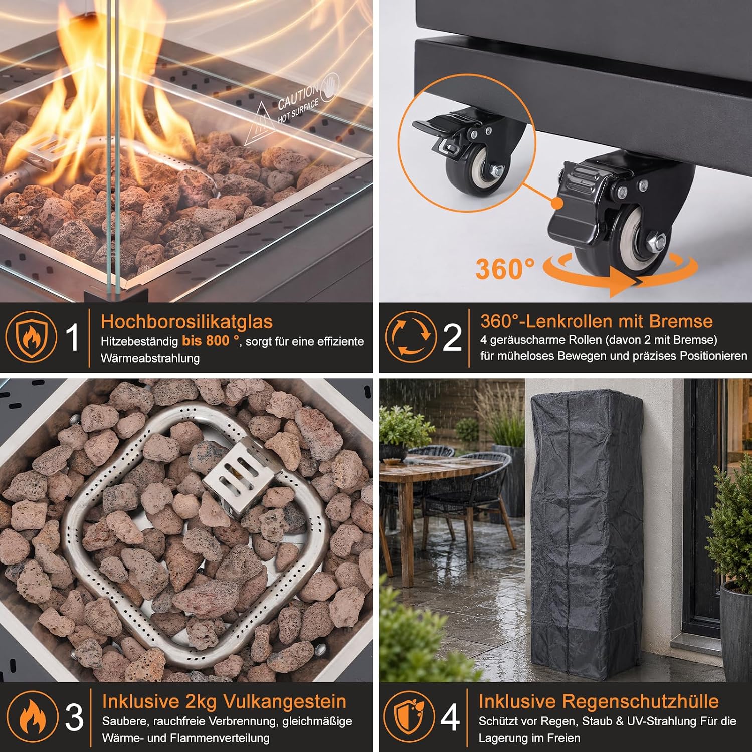 Gasheizstrahler Heizstrahler Terrasse offene Flamme Gas 13 kW Terrassenheizer attraktiver Blickfang 360° Lenkrollen Flammenbild – Thumbnail 7