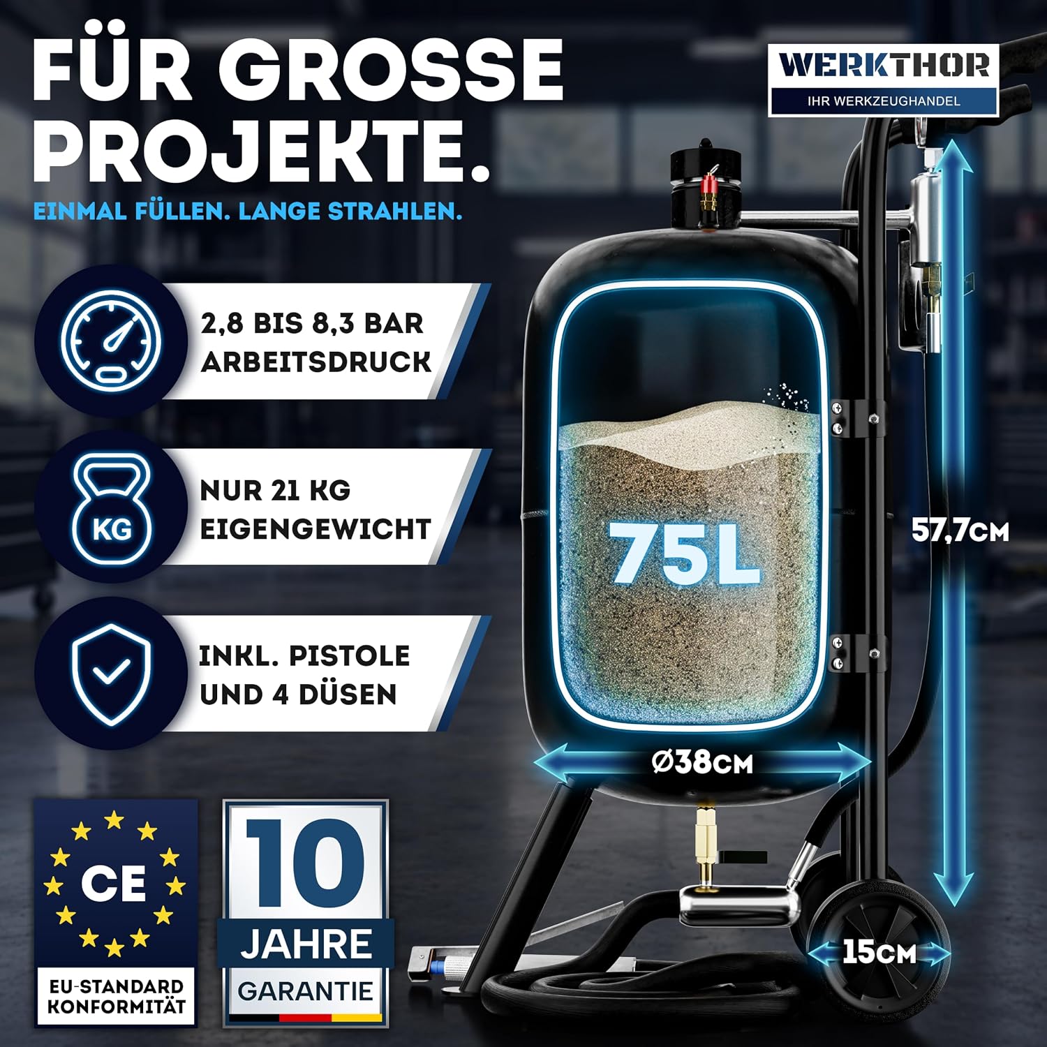 Sandstrahlgerät 75 L mobil Sandstrahler für Holz & Metall  inkl. Luftkompressor 8 – 10 bar Sandstrahlen – 2