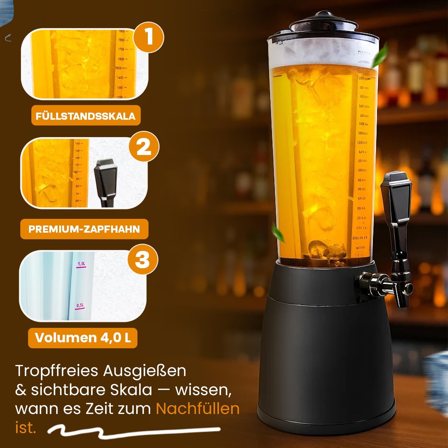 Biertower 4 Liter Kult Biersäule mit LED-Beleuchtung & Eiskühlung XXL Trinksäule Getränkespender mit Präzisions-Zapfhahn Robuste Zapfsäule