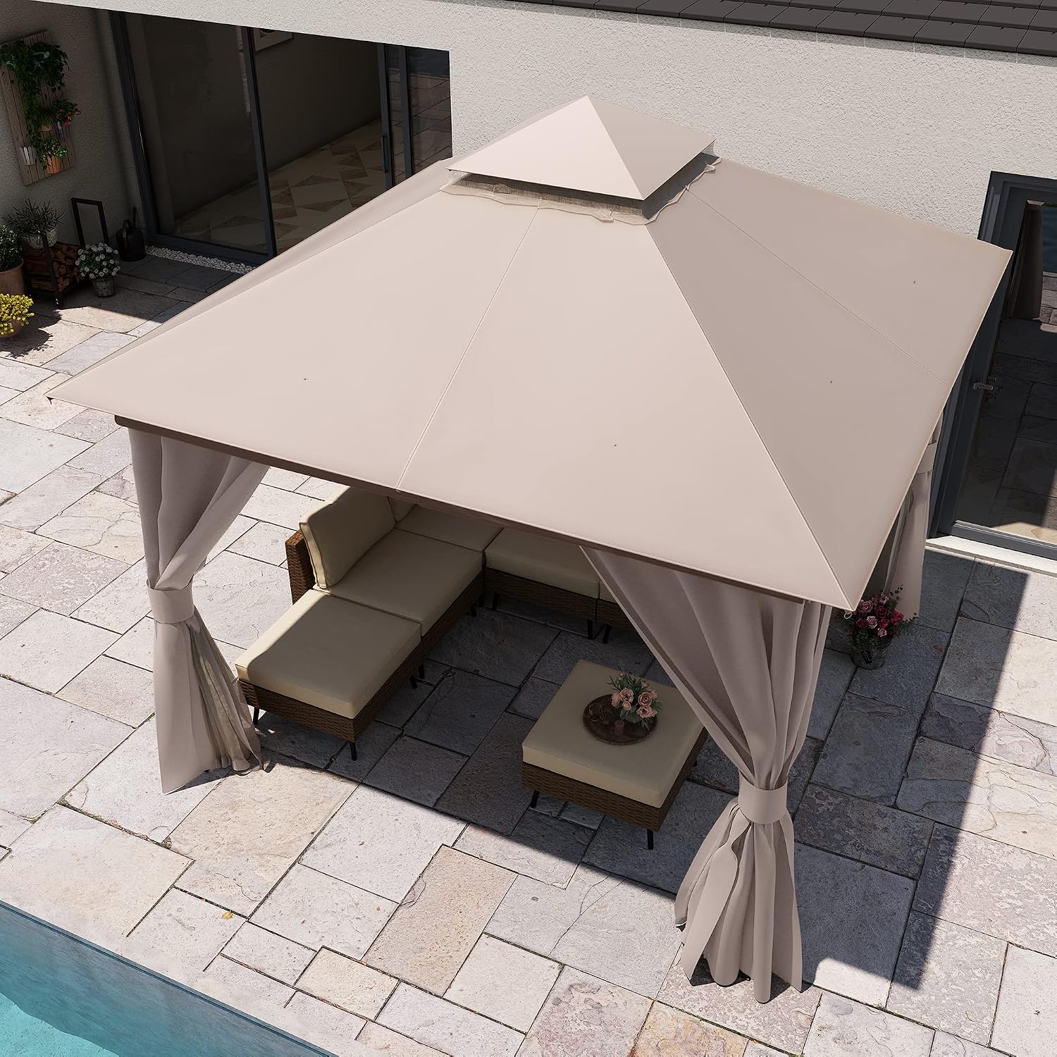 Outdoor-Pavillon 3 x 3 m robuster Partyzelt-Unterstand Doppeldach Moskitonetze Sichtschutzwände – 4