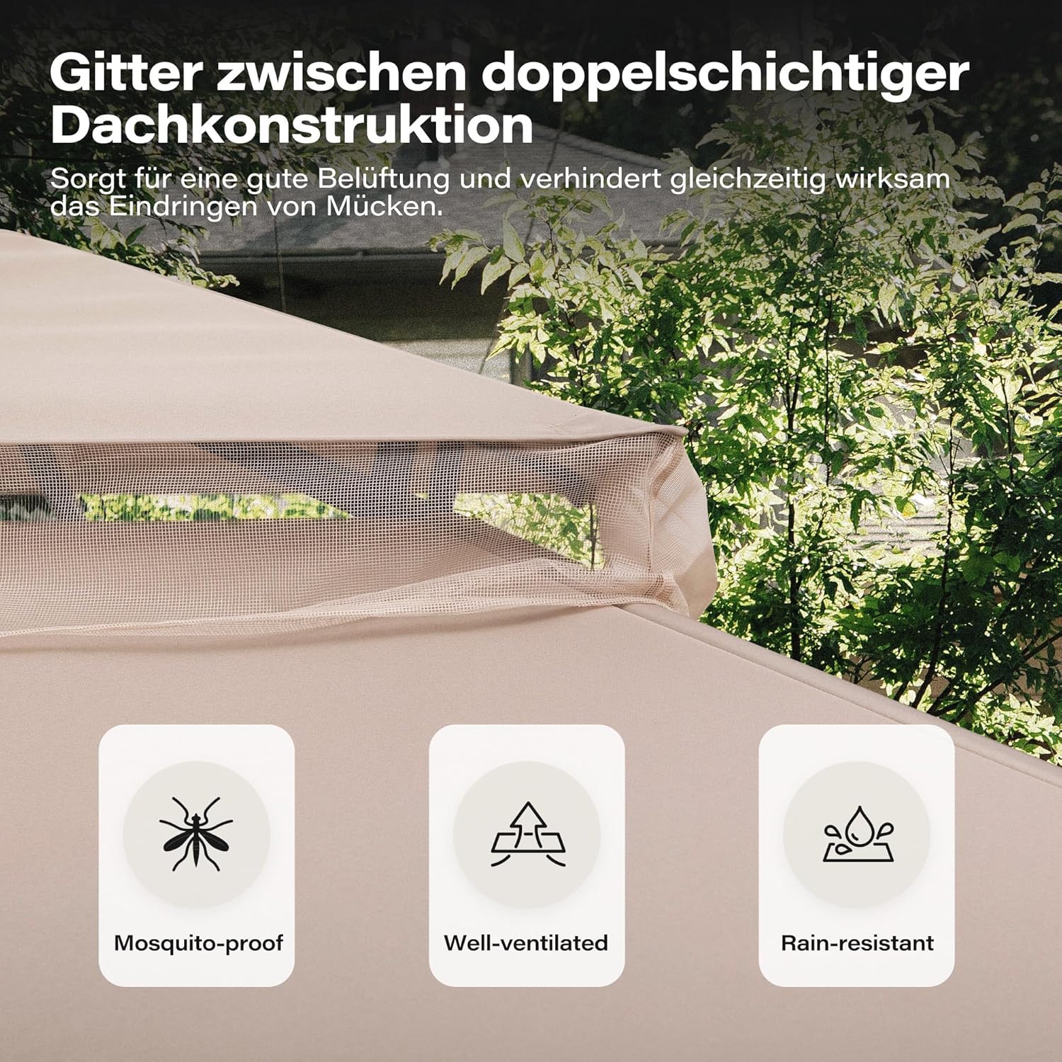 Outdoor-Pavillon 3 x 3 m robuster Partyzelt-Unterstand Doppeldach Moskitonetze Sichtschutzwände – Thumbnail 7