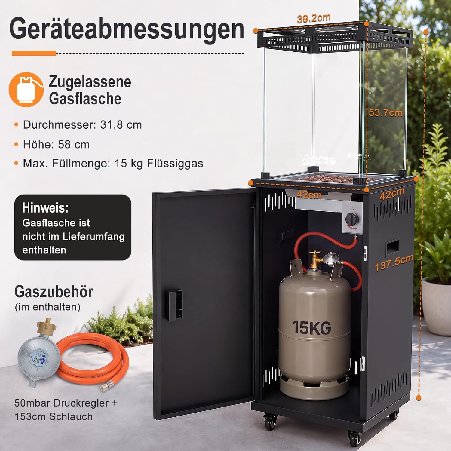 Gasheizstrahler Heizstrahler Terrasse offene Flamme Gas 13 kW Terrassenheizer attraktiver Blickfang 360° Lenkrollen Flammenbild – 4