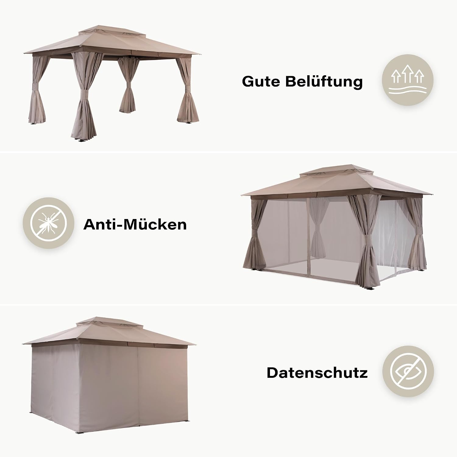 Outdoor-Pavillon 3 x 3 m robuster Partyzelt-Unterstand Doppeldach Moskitonetze Sichtschutzwände – Thumbnail 6