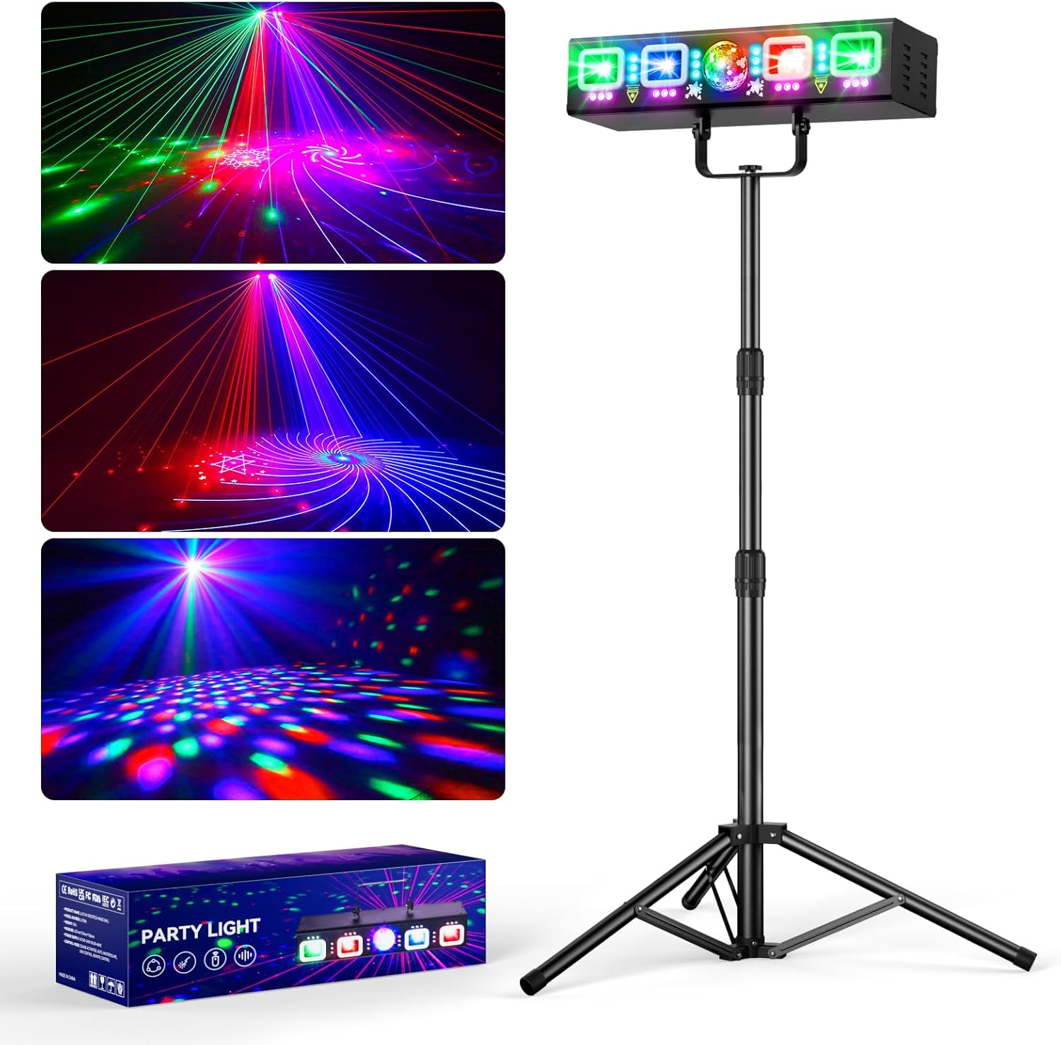 Partylicht 6-in-1 Discolicht mit 61 Zoll Stativ & RGB UV & Strobe