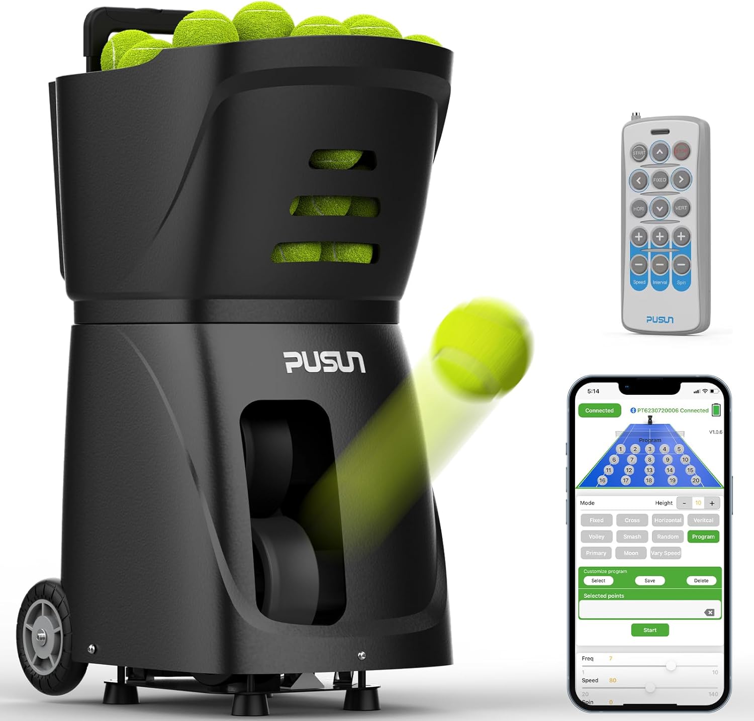 Tennisballmaschine Profi Ballwerfer Tennisball Maschine mit APP-Steuerung App für Apple Watch 20 Landepunkte & 12 Modi Smart Tennis Trainer für alle Spielniveaus 4-6 Std. Laufzeit