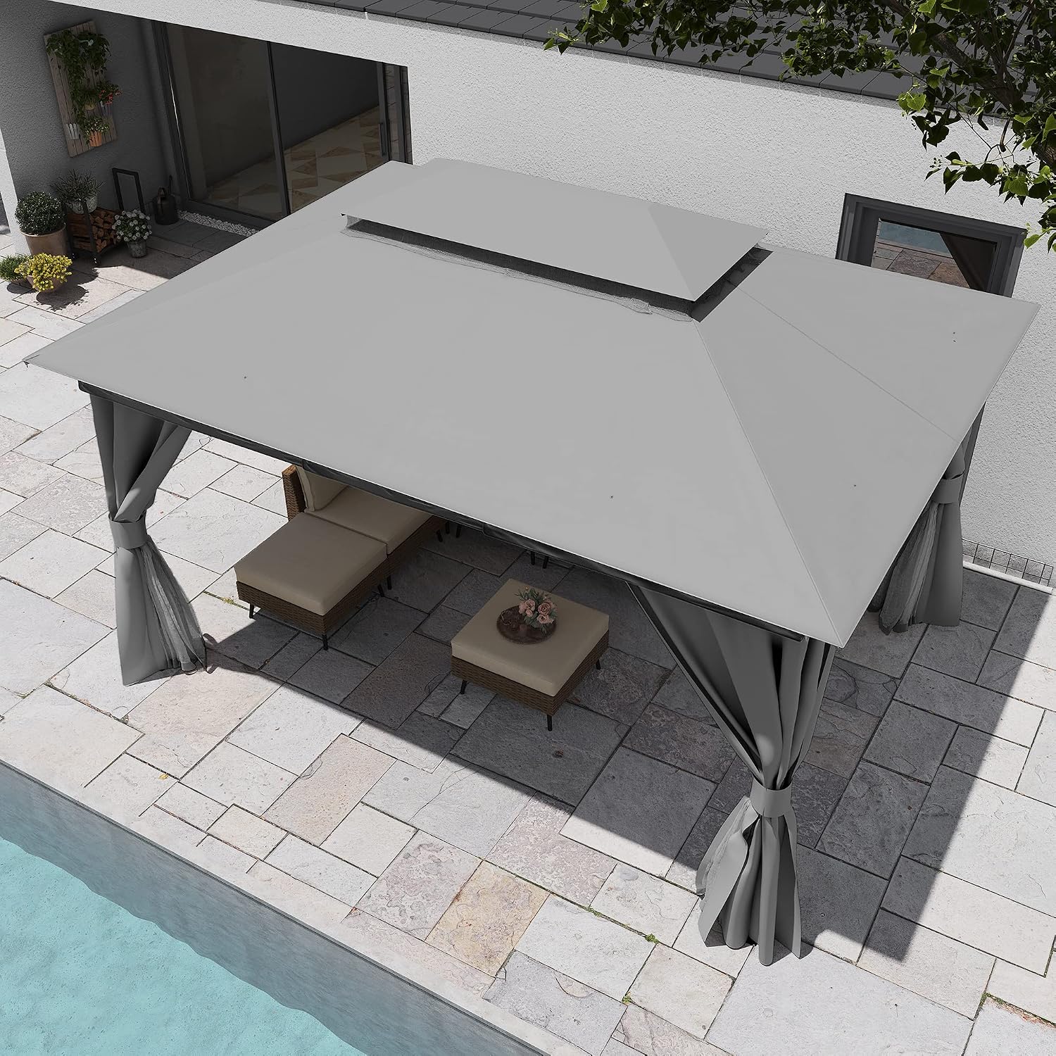 Partyzelt-Unterstand Outdoor-Pavillon 4 x 3 m robuster Doppeldach Moskitonetze Sichtschutzwände – 4