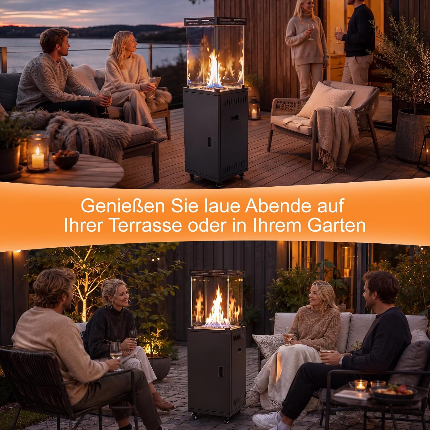 Gasheizstrahler Heizstrahler Terrasse offene Flamme Gas 13 kW Terrassenheizer attraktiver Blickfang 360° Lenkrollen Flammenbild – Thumbnail 8