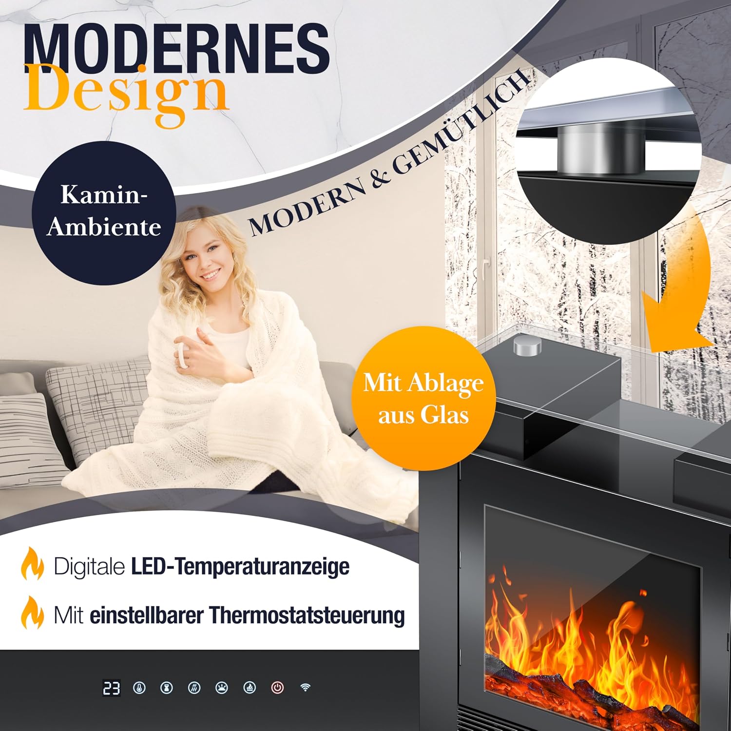 LED Standkamin Elektrokamin Terrassenheizung Heizstrahler Heizlüfter Flammensimulation – Thumbnail 6