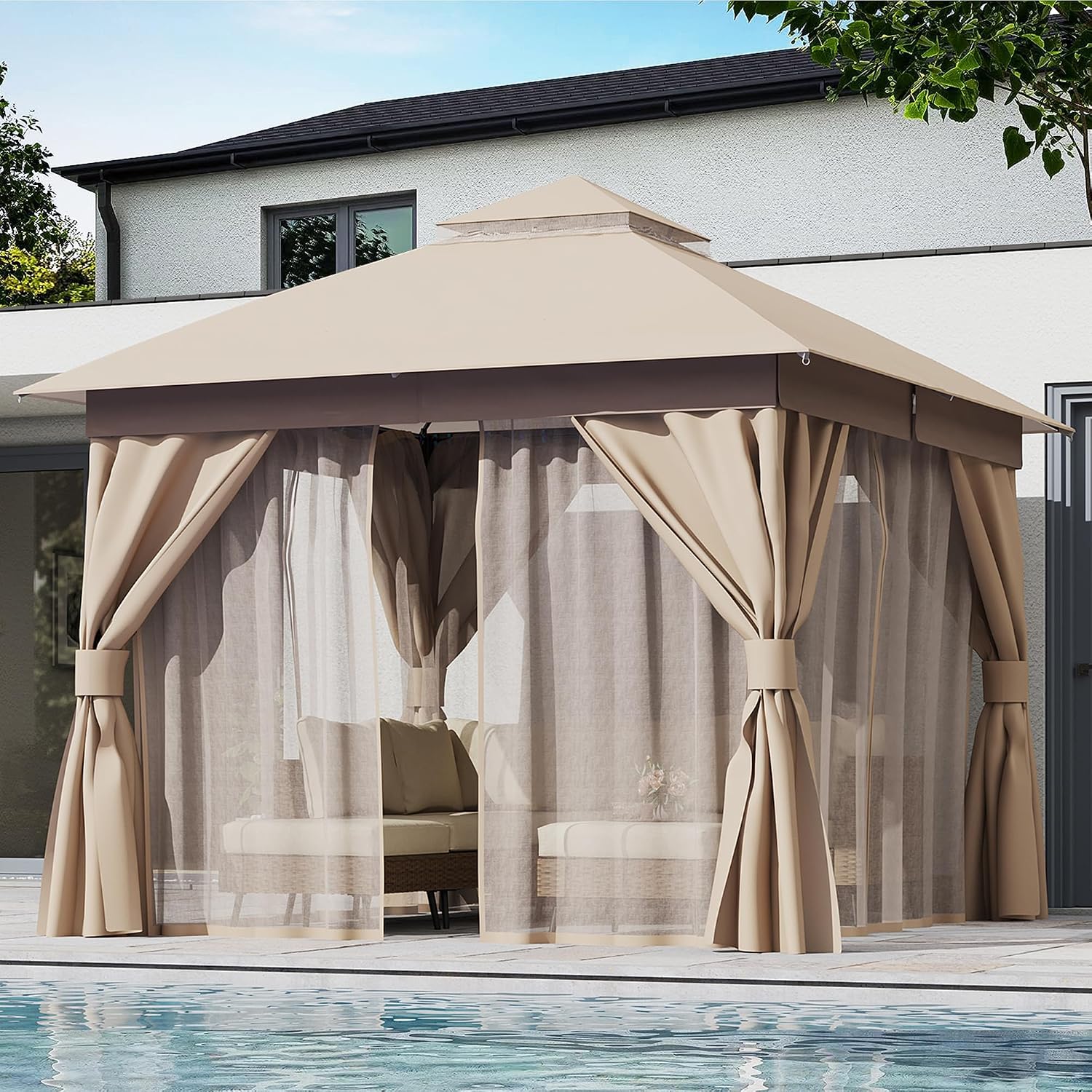 Outdoor-Pavillon 3 x 3 m robuster Partyzelt-Unterstand Doppeldach Moskitonetze Sichtschutzwände – 2