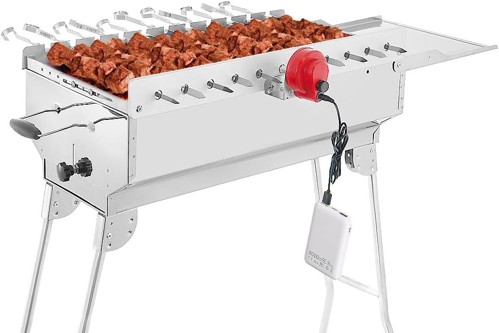 Mangal Schaschlikgrill Grillset mit Zubehör inkl. Powerbank + Motor elektrisch Edelstahl klappbar Holzkohlegrill mit Spießen