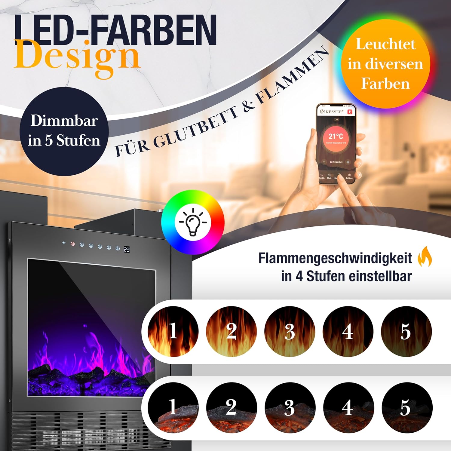 LED Standkamin Elektrokamin Terrassenheizung Heizstrahler Heizlüfter Flammensimulation – 3
