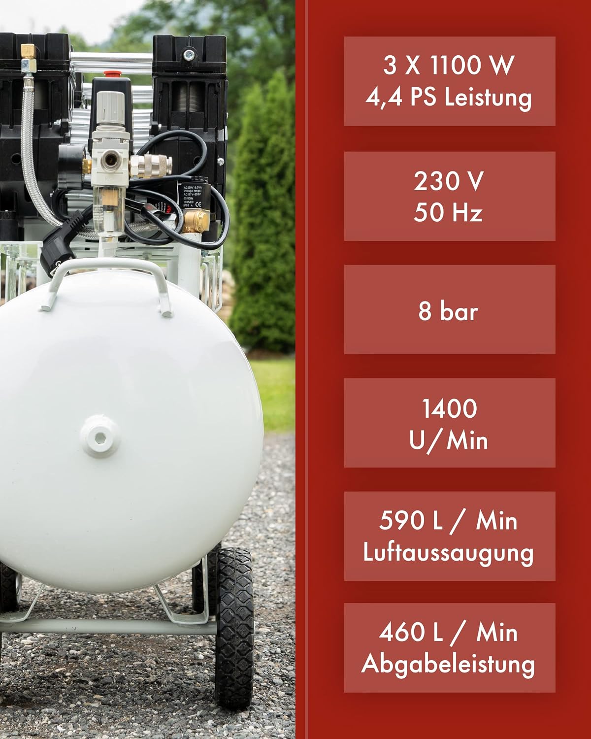 Flüsterkompressor 8 Bar 100 L 590L/min 3300 W ölfrei KW 2200 Kompressor Druckluftkompressor Luftdruckkompressor – 3