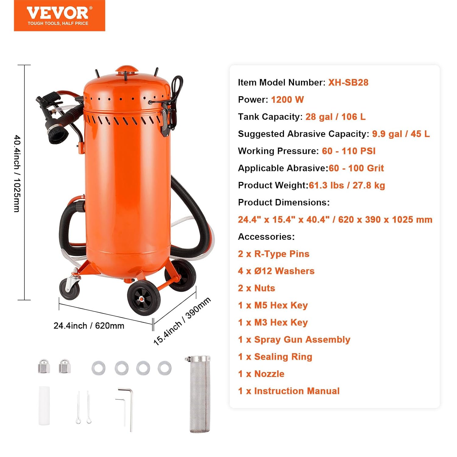 Vakuum-Sandstrahlgerät 106 L staubfreier Sandstrahler mit eingebautem 1200 W Vakuumsystem 60-110 PSI Hochleistungs-Strahlgerät inkl. Kompressor 8 – 10 bar – Thumbnail 6