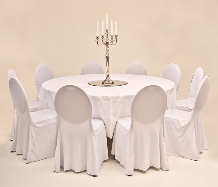 Set Bankett 1x Tisch rund 180cm inkl. Tuch weiß, 10x Stuhl mit Husse optimal weiß – 5