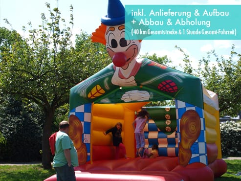 Hüpfburg Clown – 4 x 5 m mit Dach (inkl. Anlieferung u. Aufbau + Abbau u. Abholung im Umkreis)