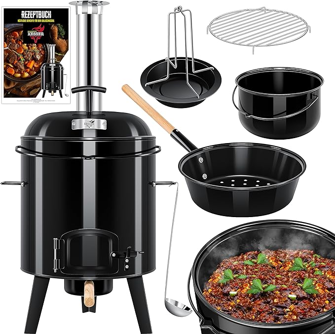 GULASCHKANONE Gulaschkessel Eintopfofen mit Grillfunktion + Hähnchenbräter – kochen rösten grillen – 3