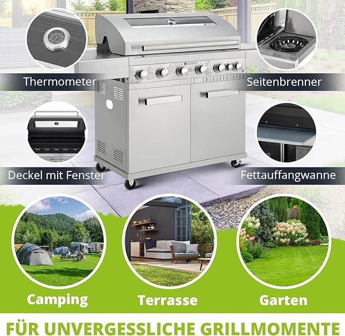 BBQ Gasgrill – 6 Brenner und 1 Seitenbrenner – XXL Edelstahl Gas Grill mit Gusseisen Grillrost, Koch – 3