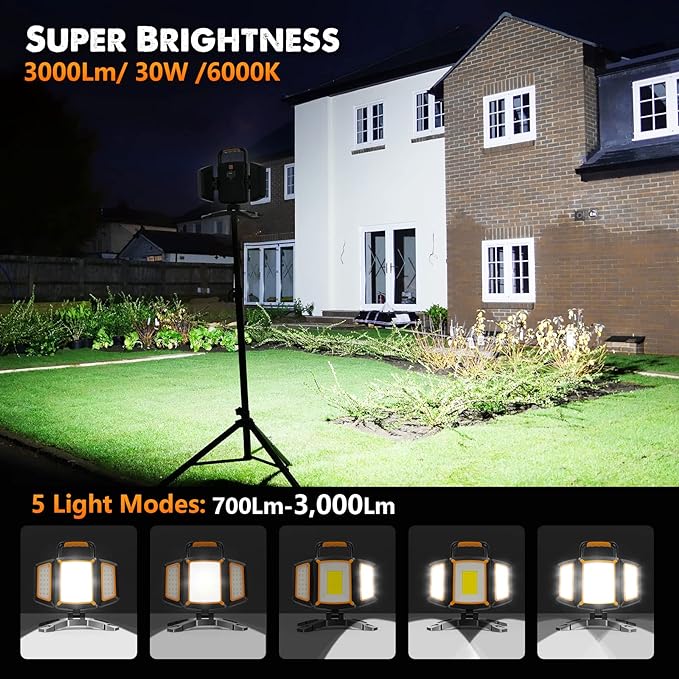 LED Strahler Akku 30 W 3000 LM super Hell Baustrahler mit Magnet 5 Lichtmodi und Powerbank drehbare – 5