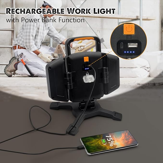 LED Strahler Akku 30 W 3000 LM super Hell Baustrahler mit Magnet 5 Lichtmodi und Powerbank drehbare – Thumbnail 7