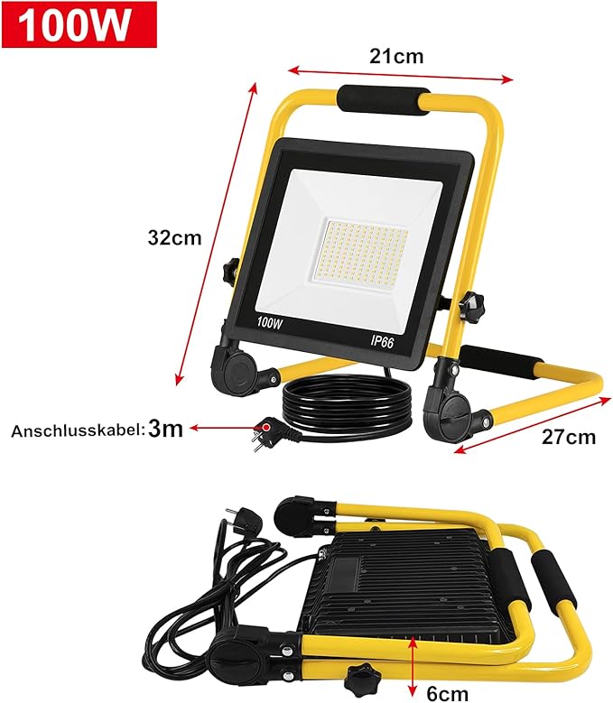 Arbeitsleuchte 100 W LED Baustrahler 8500 LM warmweiß LED Fluter Floodlight mit IP66 Wasserdicht  – 2