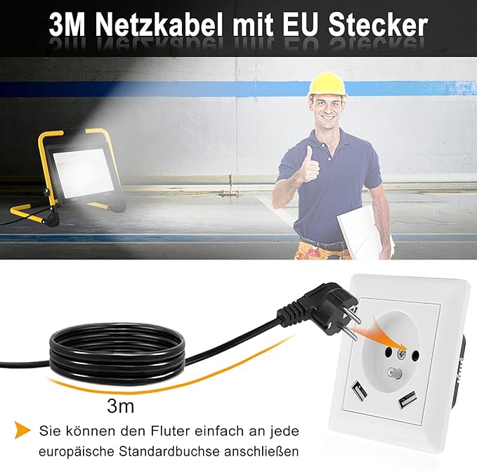 Arbeitsleuchte 100 W LED Baustrahler 8500 LM warmweiß LED Fluter Floodlight mit IP66 Wasserdicht  – 5