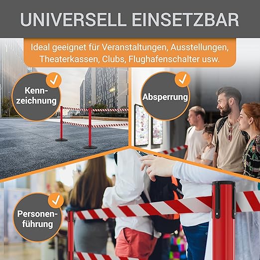 Gurtpfosten 4er Set Personenleitsystem 2 Sperrbänder pro Pfosten Pfostenhöhe 100 cm Gurtlänge 3,0 m – 3