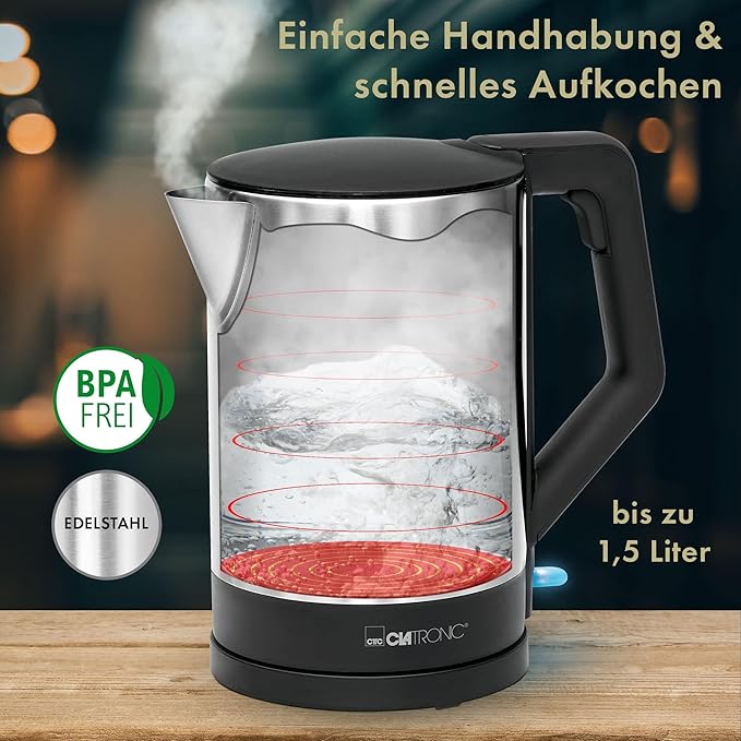 Camping Wasserkocher verdecktes Heizelement Abschaltautomatik Basisstation mit Kabelaufwicklung 1,5 – 2