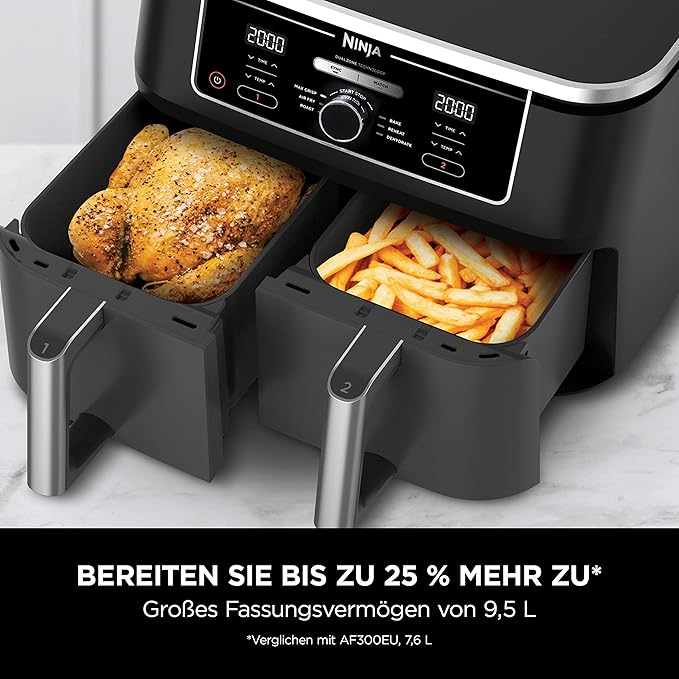 Heißluftfritteuse 2 große Frittierfächer 6 Funktionen 2 unabhängige Garzonen 9,5 Liter Fritteuse