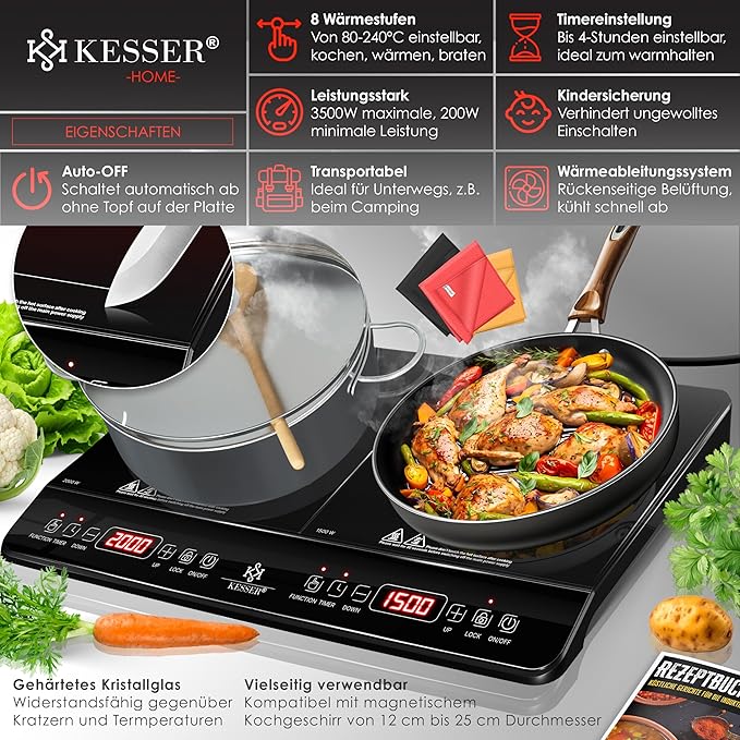 Induktionskochfeld Induktionsplatte 2 Platten 3500 Watt tragbare 57 cm Kochplatte 8 Heizstufen 4h – 2