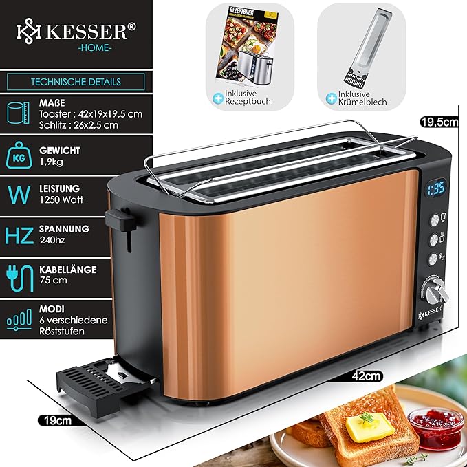 Toaster 4er mit Brötchenaufsatz Automatik-Langschlitztoaster mit 6 Bräunungsstufen Auftau- & Aufwärm – 3