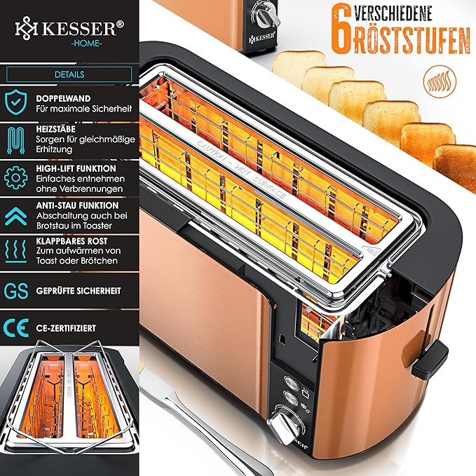 Toaster 4er mit Brötchenaufsatz Automatik-Langschlitztoaster mit 6 Bräunungsstufen Auftau- & Aufwärm – 4