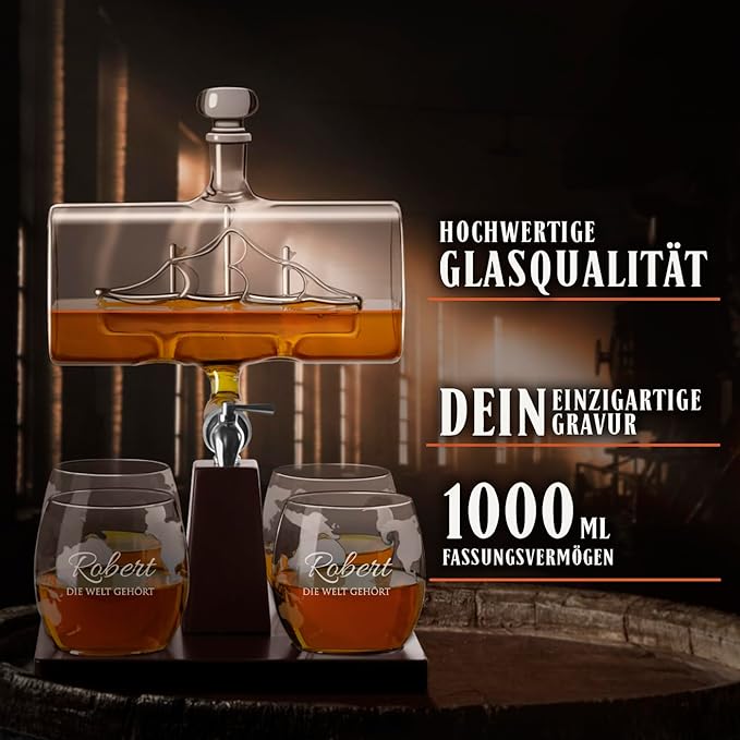 Whiskykaraffe Whiskyzapfanlage Schiff mit Edelstahl-Zapfhahn 1000 ml 4er Whiskygläser Set Whisky Kar