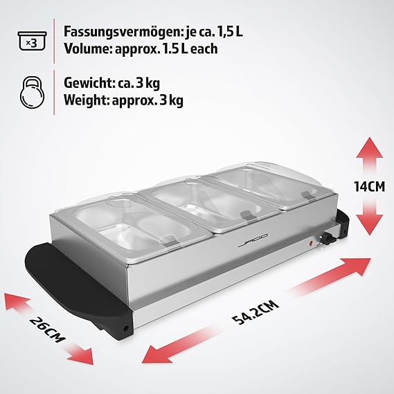 Speisenwärmer Buffet Warmhalteplatte 3 x 1,5 Liter 54,2 x 26 x 14 cm – 150 bis 300 Watt – 2