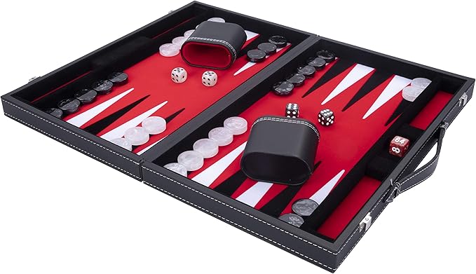 Backgammon 38 cm Luxus hochwertige Materialien Kunstleder spezielle Filzeinlage Perlmuttwürfel und T