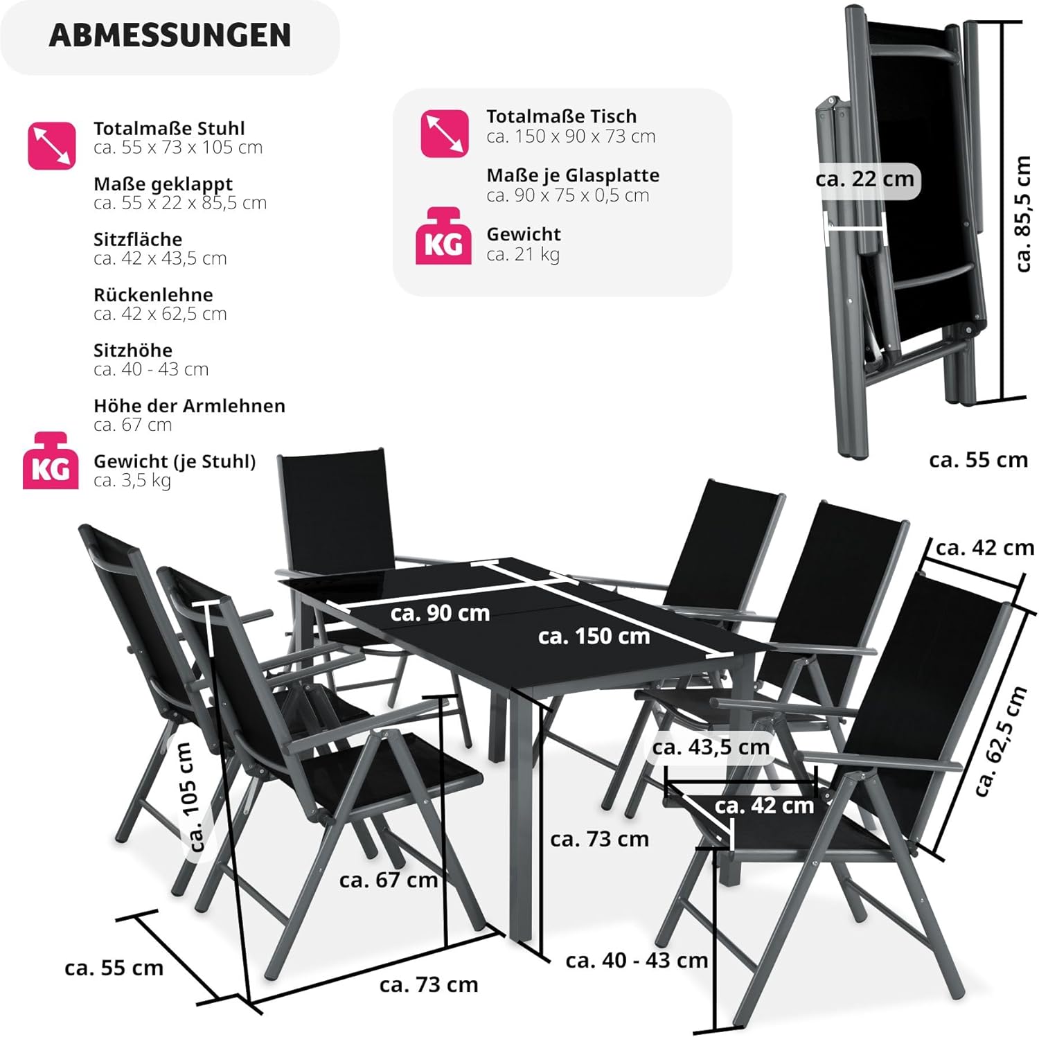 Essgruppe Aluminium Klappstühle Esstisch Messemöbel Lounge Set mit 6 x Stühlen und 1 x Glastisch Set – 5