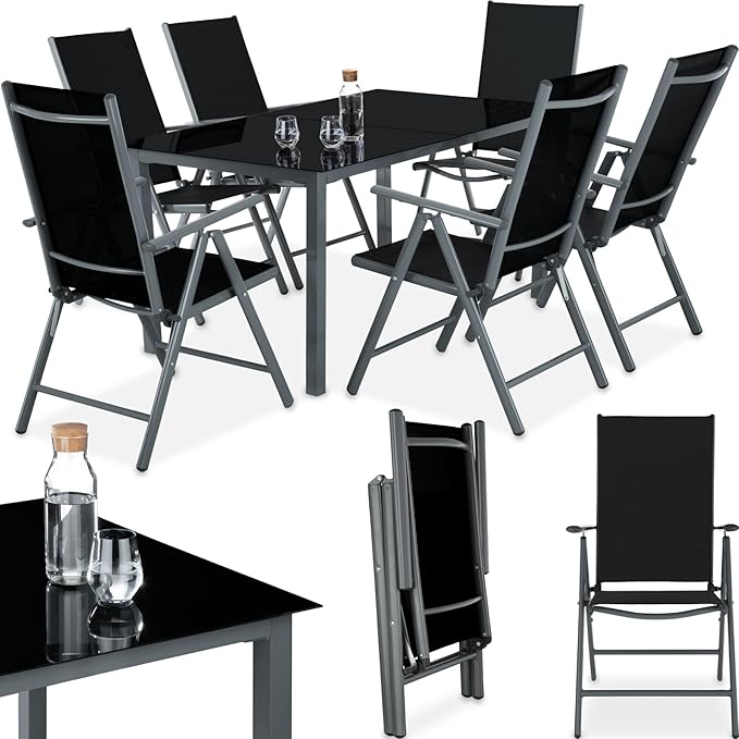Essgruppe Aluminium Klappstühle Esstisch Messemöbel Lounge Set mit 6 x Stühlen und 1 x Glastisch Set – 2