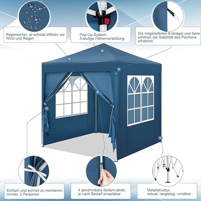 Faltpavillon Pavillon Zelt wasserdicht mit 4 Seitenwänden 2 davon mit Fenster – höhenverstellbar – K – 3