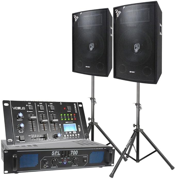 Musikanlage Mischpult DJ Lautsprecher Set Mobiles PA System Komplettset mit Verstärker Stativen und 