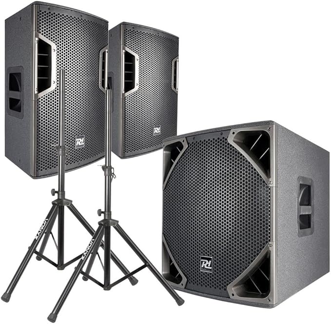 PA Soundsystem DJ-Box Set – Aktive PA-Anlage Komplettset 2.1 Set 2600 W mit Lautsprecher-Stativen Ka