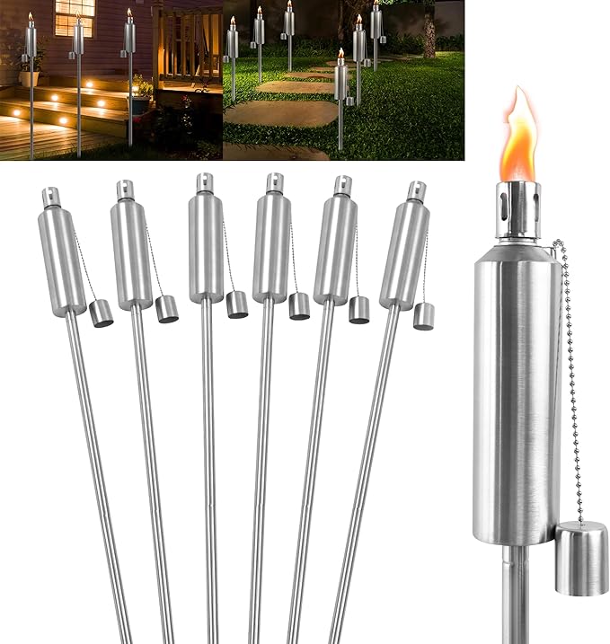 Fackeln 6er Set für draußen Edelstahl rostfrei 330 ml Ölfackeln Fackeln Hoch 115 cm lange Brenndauer
