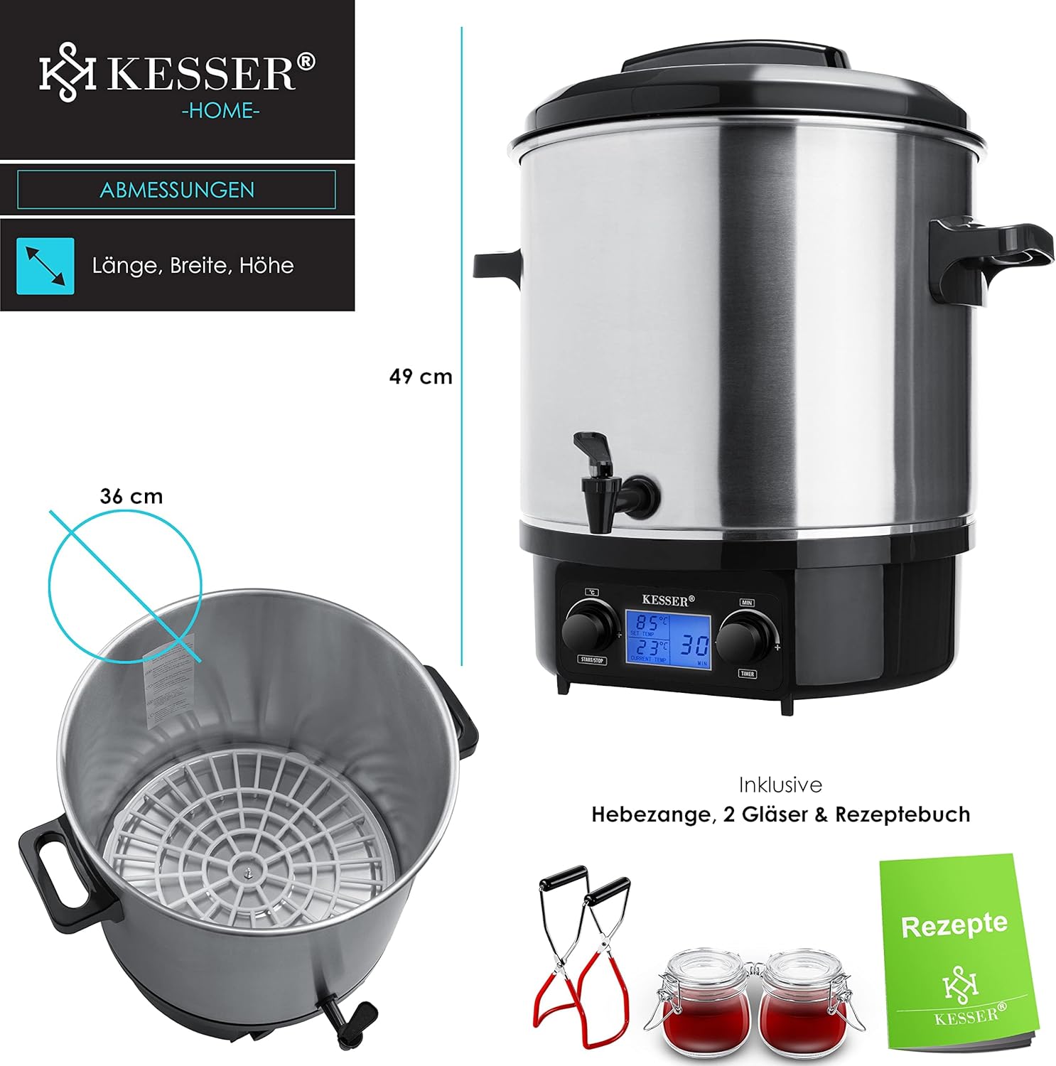 Einkochautomat 27 L Glühweinkocher Glühweinkessel Edelstahl Timer 2000 W Temperatur 30-100 °C Zeitsc – 5