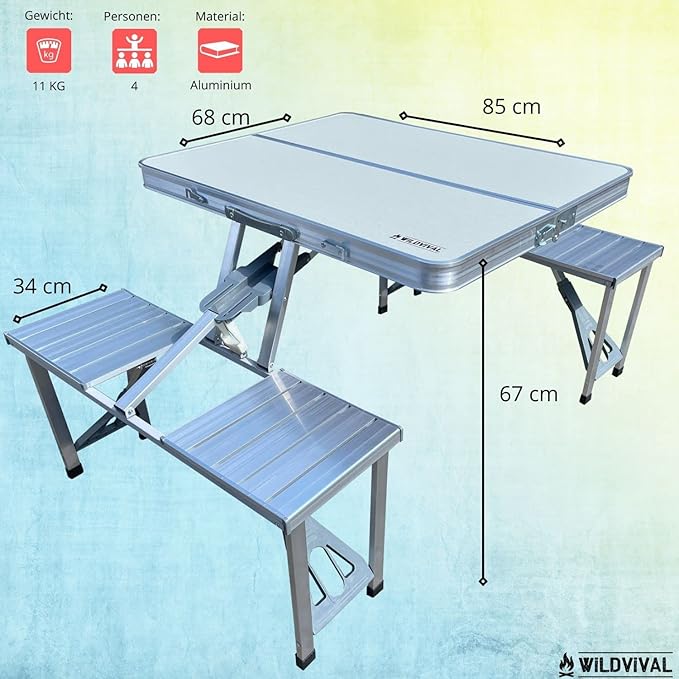 Campingtisch Alu Alutisch im Koffer Bierzeltgarnitur Alusitzgarnitur Tisch mit 4 integrierten Sitzpl – 3