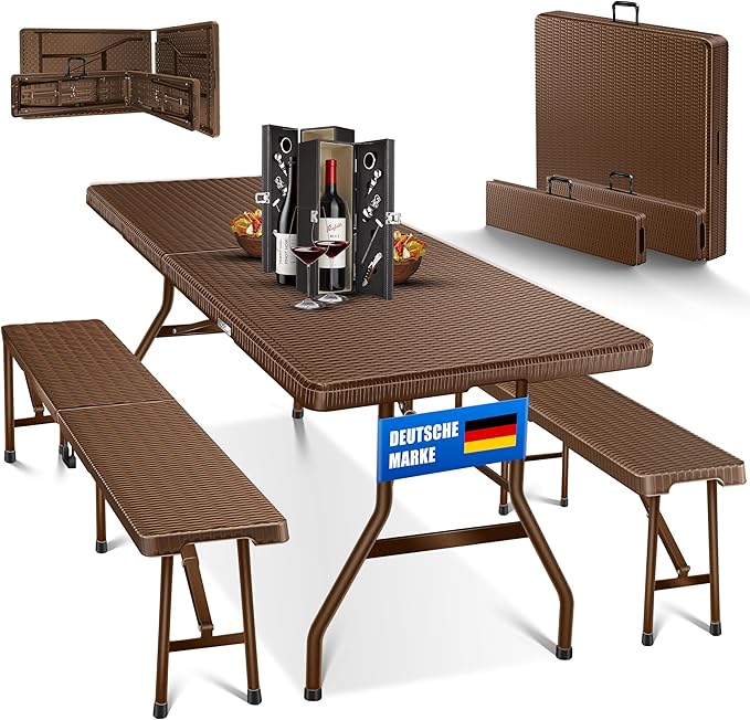 Bierzeltgarnitur Rattan Messegarnitur 3 tlg. Tisch + 2 x Bank für Indoor/Outdoor klappbar Tragegriff