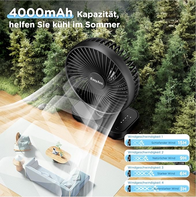 Tischventilator Akku USB-Ventilator 4000 Akku Klein Tragbar 4 Geschwindigkeiten Ventilatoren Leise M – 2