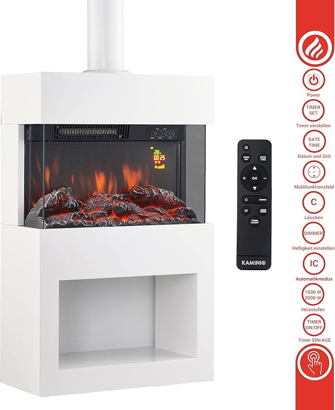 Elektrischer Kamin mit Ofenrohr 2000 W Elektroofen mit Heizung 3D-Flammeneffekt Holzfach Fernbedienu – 5