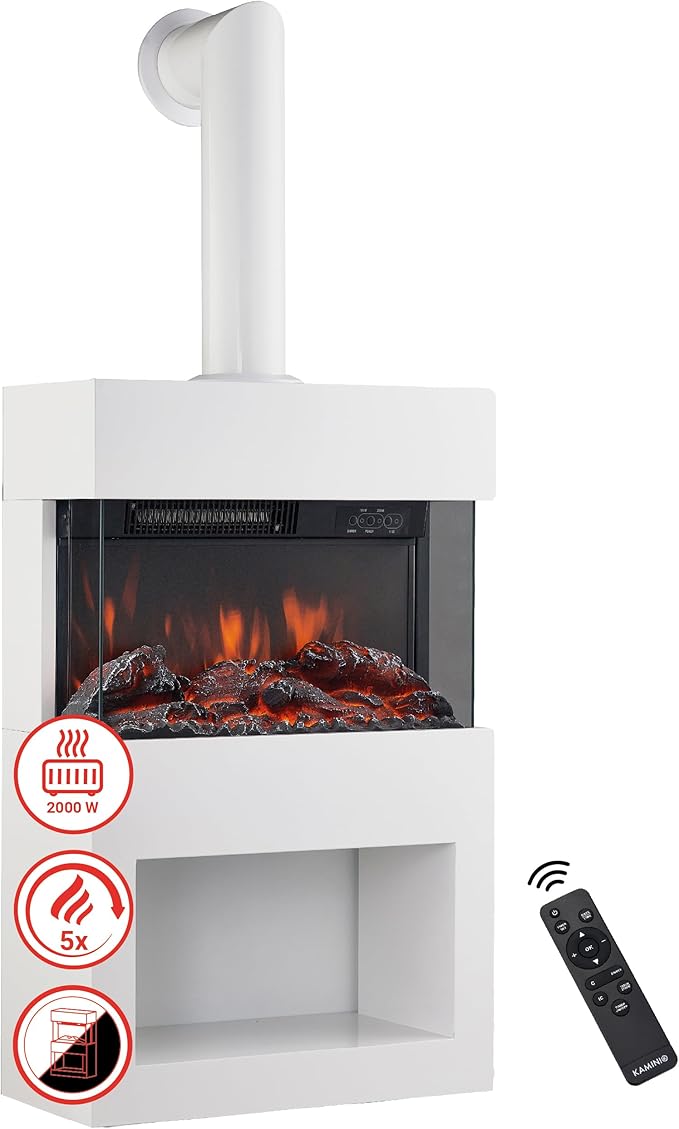 Elektrischer Kamin mit Ofenrohr 2000 W Elektroofen mit Heizung 3D-Flammeneffekt Holzfach Fernbedienu