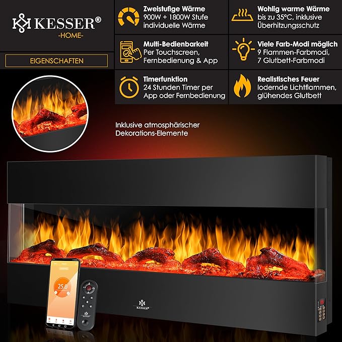 Elektrokamin 3D Elektro 138 cm Kamin mit Heizung 9 Farbmodi LED Flammeneffekt 900/1800 W Heizkamin H – 3
